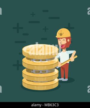 Bergbau cryptocoins Design mit cartoon Mann mit Stapel von Bitcoins über grünen Hintergrund, farbenfrohen Design. Vector Illustration Stock Vektor