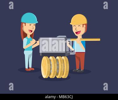 Bergbau cryptocoins Design mit cartoon Mann und Frau mit Laptop und Münzen über lila Hintergrund, farbenfrohen Design. Vector Illustration Stock Vektor
