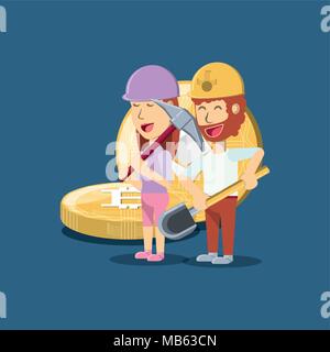 Bergbau cryptocurrency Design mit cartoon Mann und Frau mit Werkzeug über cryptocoins und blauen Hintergrund, farbenfrohen Design. Vector Illustration Stock Vektor
