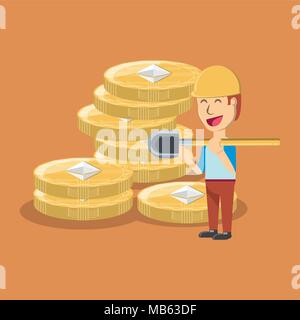 Cartoon mann Bergbau cryptocoins über orange Hintergrund, farbenfrohen Design. Vector Illustration Stock Vektor