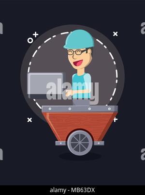 Bergbau cryptocoins Design mit cartoon Mann mit Laptop über schwarzer Hintergrund, farbenfrohen Design. Vector Illustration Stock Vektor