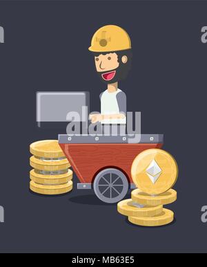 Bergbau cryptocoins Design mit cartoon Mann mit Laptop und euthereum Münzen über schwarzer Hintergrund, farbenfrohen Design. Vector Illustration Stock Vektor