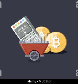 Bergbau cryptocoins Design mit Bergbau Warenkorb mit bitcoin Münzen über schwarzer Hintergrund, farbenfrohen Design. Vector Illustration Stock Vektor