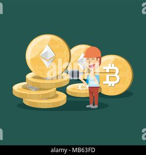 Cartoon Männer mit cryptocoins auf grünem Hintergrund, farbenfrohen Design. Vector Illustration Stock Vektor