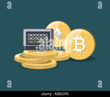 Tablet und cryptocoins über blauen Hintergrund, farbenfrohen Design. Vector Illustration Stock Vektor