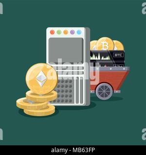 Cryptocoins und Bergbau Warenkorb mit bitcoin Münzen über grünen Hintergrund, farbenfrohen Design. Vector Illustration Stock Vektor