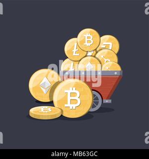 Bergbau cryptocurrency Design mit Bergbau Warenkorb mit cryptocoins über schwarzer Hintergrund, farbenfrohen Design. Vector Illustration Stock Vektor
