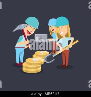 Bergbau cryptocoins Design mit cartoon Menschen und des Astraleums Münzen über schwarzer Hintergrund, farbenfrohen Design. Vector Illustration Stock Vektor