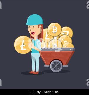 Bergbau Warenkorb mit cryptocoins und Cartoon Frau stehend über schwarzer Hintergrund, farbenfrohen Design. Vector Illustration Stock Vektor