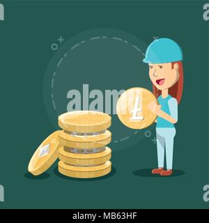 Cartoon Frau mit cryptocoins auf grünem Hintergrund, farbenfrohen Design. Vector Illustration Stock Vektor