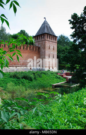 Smolensk, Russland - Juli 12, 2011: Blick auf den Fluss und die Festung Wand des Smolensk Kreml Stockfoto