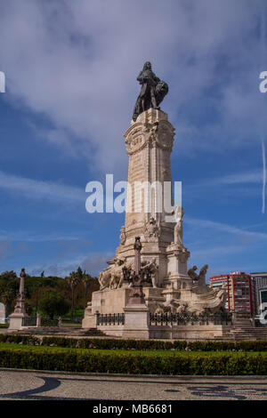 Lissabon Portugal. 30. März 2018. Blick auf die Statue von Marques de Pombal in Lissabon, im Zentrum der Stadt in der oberen von Av da Liberdade gelegen, ist eine Stockfoto