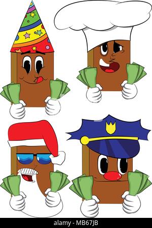 Bücher halten oder mit Geldscheinen. Comic Book Collection mit Kostüm Gesichter. Ausdrücke Vektor einrichten. Stock Vektor