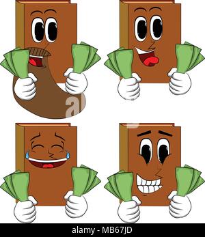 Bücher halten oder mit Geldscheinen. Comic Book Collection mit glücklichen Gesichtern. Ausdrücke Vektor einrichten. Stock Vektor