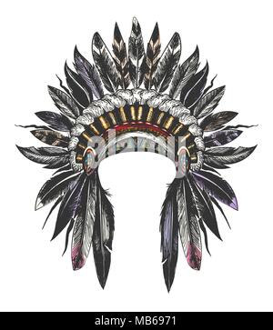 Hand gezeichnet bunt gefiederten War Bonnet. Vector Illustration. Stock Vektor