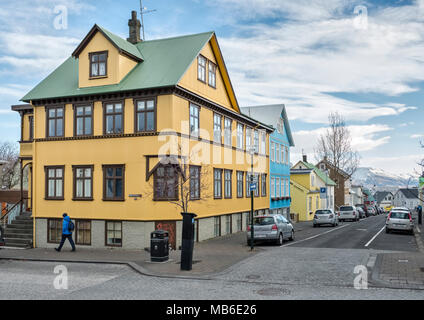 Reykjavik, Island. Typisch isländischen Stadthaus auf Skólavörðustígur im Herzen der Altstadt Stockfoto