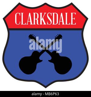 Route stil Verkehrsschild mit der Legende Clarksdale und gekreuzten Gitarre Silhouette Stock Vektor