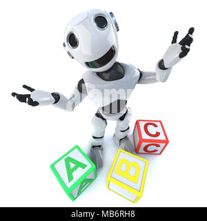 3D-Render eines lustigen Cartoon Roboter android mit Alphabet Blöcke Stockfoto