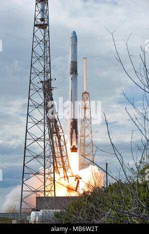 Eine SpaceX Falcon 9 Rakete Durchführung der Drache resupply Raumfahrzeug Knalle weg vom Weltraum aus komplexen 40 Start in Cape Canaveral Air Force Station April 2, 2018 in Cape Canaveral, Florida. Die 14 SpaceX commercial resupply Services Mission für die NASA, liefert, Verbrauchsmaterial, Geräte und neue Experimente für die Forschung auf der Raumstation. Stockfoto