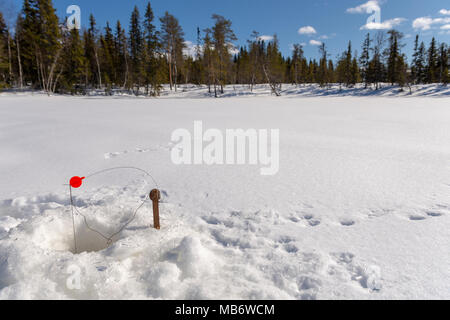 Tip-up Arrangement für Hecht angeln an einem See im Winter mit Wald und einem blauen Himmel im Hintergrund, Bild aus dem Norden von Schweden. Stockfoto