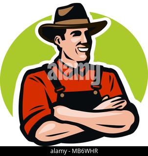 Bauer, Anbauer Logo oder Label. Agrar, Landwirtschaft Konzept. Cartoon Vector Illustration Stock Vektor