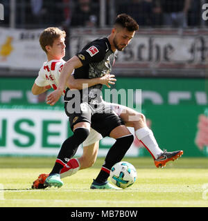 Köln, Deutschland. 7 Apr, 2018. Vincent Koziello (L) von Köln Mias mit Danny Latza Mainz beim Bundesligaspiel zwischen FC Köln und 1. FSV Mainz 05 in Köln, Deutschland, 7. April 2018. Credit: Ulrich Hufnagel/Xinhua/Alamy leben Nachrichten Stockfoto