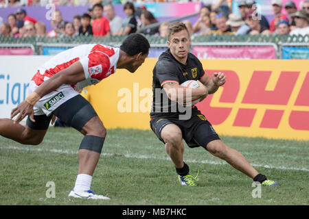 Hongkong, China. 08 Apr, 2018. Rugby Sevens Turnier in Hongkong vom 5. bis 8. April 2018; letzte Japan gegen Deutschland, Marvin Dieckmann (Deutschland, 11) ist - KEINE LEITUNG SERVICE-Credit: Jürgen Keßler/dpa/Alamy Leben Nachrichten gestoppt Stockfoto