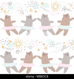 Wald Tiere tanzen Ballett nahtlose Muster. Cute cartoon wilde Natur Kinder Kinder tragen Handzeichnung ballerina Charakter rosa Textildruck Design Element. Vektor doodle Abbildung Stock Vektor