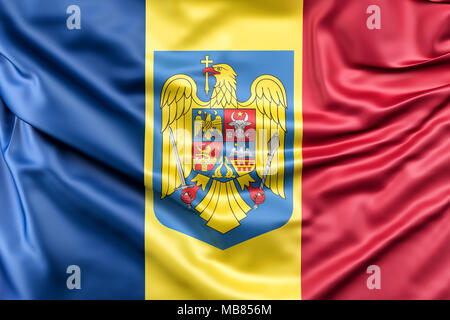 Flagge Rumänien mit Wappen Stockfoto