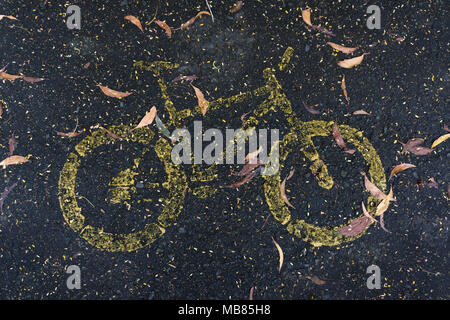 Alte gelbe Rad weg Schild an der Straße mit trockenen Blättern bedeckt Stockfoto