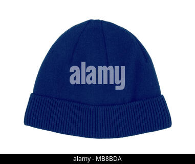 Blue wool Beanie Mütze Cap ideal für Winter Wetter auf weißem Hintergrund Stockfoto