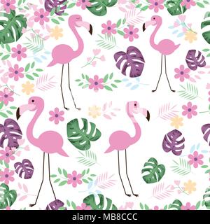 Cute Flamingo Vogel nahtlose Muster mit tropischen Blätter und Blüten. Vector Illustration. Stock Vektor