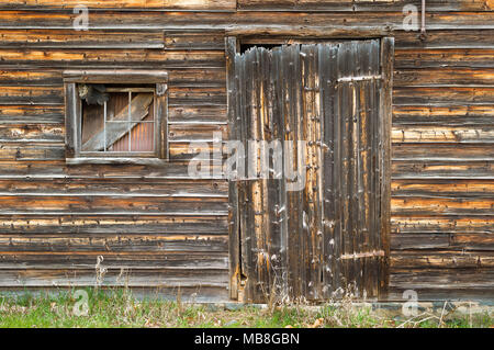 Seite der Scheune, Distressed Board Tür mit Wellblech und Holz in Fenster. Stockfoto