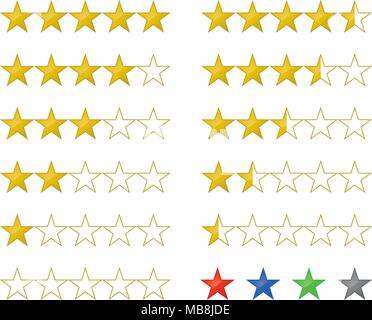 Glänzend goldenen Bewertung und Sterne review Icons von 5 auf 0 in Schritten von halben Stern. Globale Farben. Stock Vektor