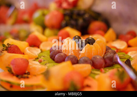 Bunte Obstplatte mit einer großen Auswahl an exotischen und Obst der Saison, für eine Snackbar, Rezeption oder jede Art von Feier vorbereitet Stockfoto