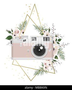 Vintage Retro Foto Kamera in Blumen, Blätter, Zweige auf weißem Hintergrund. Stock Vektor