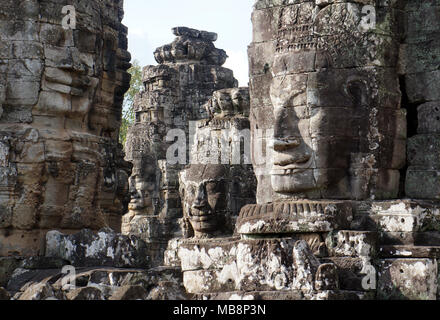 Buddha Gesichter geschnitzt auf dem Bayon Tempel, Angkor, Kambodscha Stockfoto