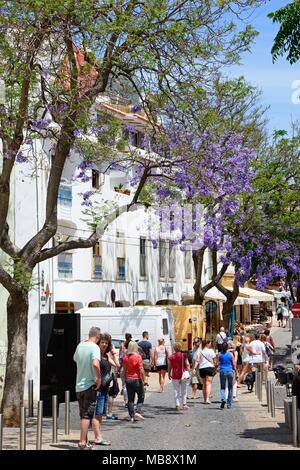 Touristen entlang einer alten Stadt Einkaufsstraße mit Jacaranda Bäume in voller Blüte, Lagos, Algarve, Portugal, Europa. Stockfoto