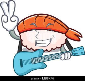 Mit Gitarre ebi Sushi Maskottchen Karikatur Stock Vektor