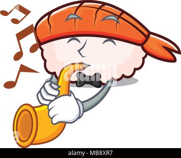 Trompete ebi Sushi Maskottchen Karikatur Stock Vektor