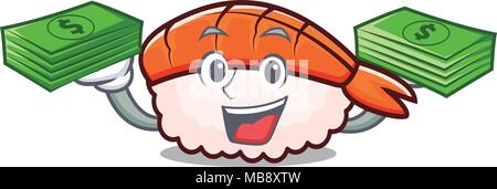 Mit Geld ebi Sushi Maskottchen Karikatur Stock Vektor