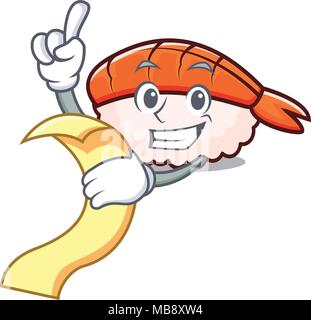 Mit Menü ebi Sushi Maskottchen Karikatur Stock Vektor