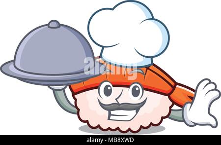 Koch mit Lebensmittel ebi Sushi Maskottchen Karikatur Stock Vektor