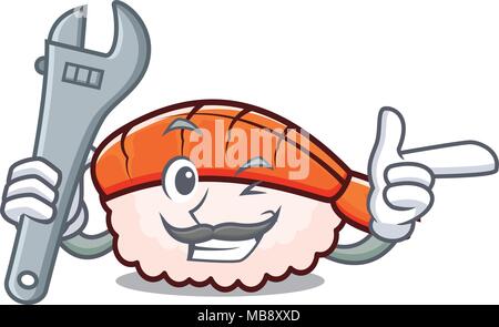 Mechaniker ebi Sushi Maskottchen Karikatur Stock Vektor
