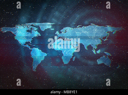 Abstrakte Digitale Illustration der Weltkarte. Verzerrte Bild Schnittstelle, Signal fehlerhaft, scheitern. Glitch Effekt Technologie Hintergrund. Konzeptionelle Bild. Stockfoto