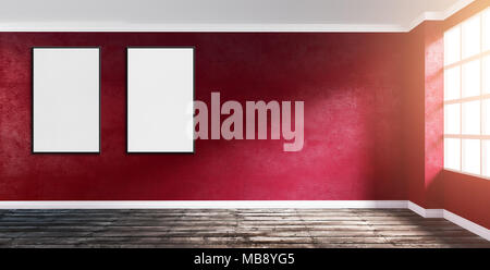 3D Rendering Illustration der grossen modernen leere Zimmer Ecke mit rubinroten Pflasterwand, rauhen Holzboden, Fenster und zwei Poster frames. Morgen sunlig Stockfoto