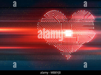 Abstrakte Abbildung: Verzerrte Anzeige. Herzförmige cpu Prozessor. Glitch Wirkung Hintergrund. Konzeptionelle Technologie Grußkarte. Stockfoto