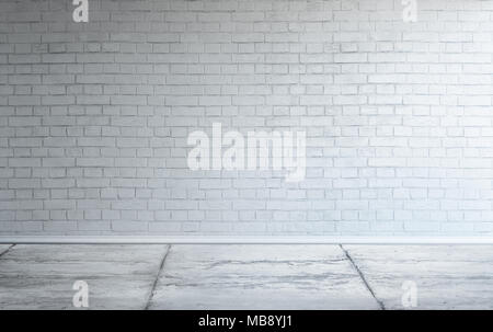3D Rendering Illustration der große moderne Zimmer mit weiß gestrichenen Wand und rauen Beton Boden und Sockel. Underground Showroom. Stockfoto