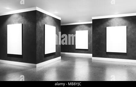 Moderne Beton Galerie Zimmer mit richtstrahler und Frames. Produkt artwork Ausstellung mock up. Weiß isoliert Kunst frames. 3D-Darstellung Stockfoto