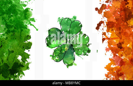 2d Hand gezeichnete Illustration für St. Patrick's Day. Grüne Aquarell splash Blot in Form von Kleeblatt. Die nationalen Farben der irischen Flagge. Isoliert auf Stockfoto